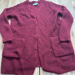 LOFT Women’s MP Burgundy Open Front Knit Cardigan Wool Blend w/ Pockets